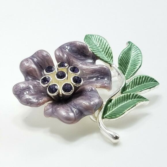 Vintage Purple Green Enamel Flower Brooch, Silver Tone, 1 1/2 In, 1990s - Picture 8 of 8